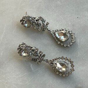 Teardrop Floral Crystal Statement Earrings - Clip-On + Post Back
